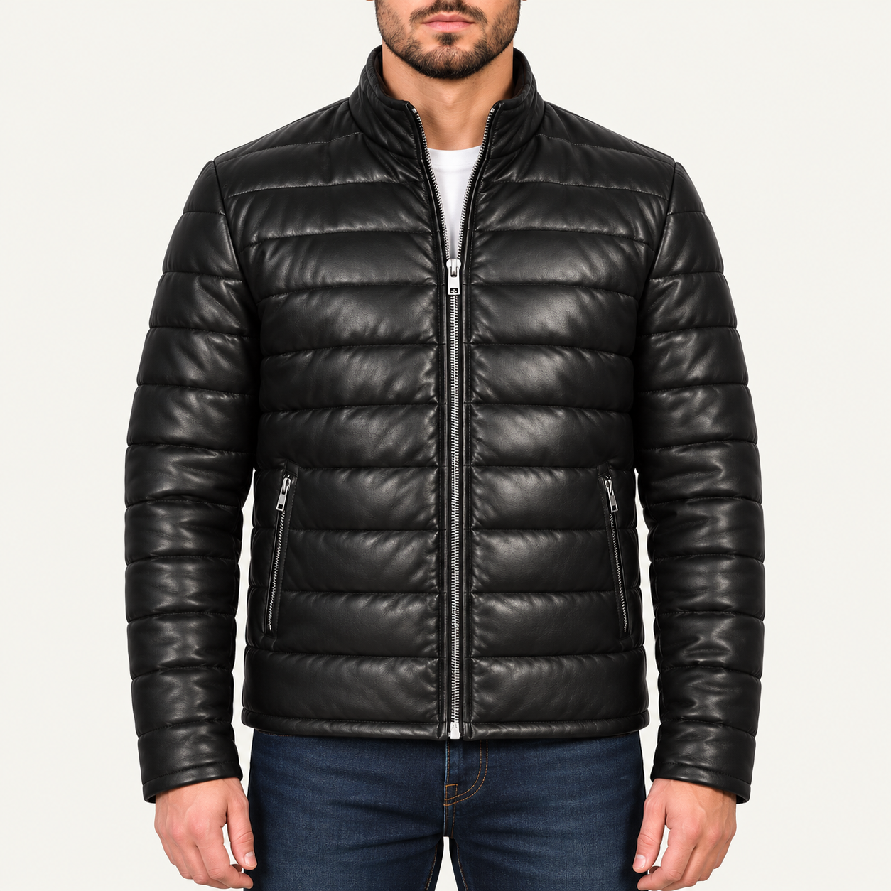 Men's Black Quilted Leather Puffer Jacket – Full-Sleeve Zip-Up Winter Jacket Gallery